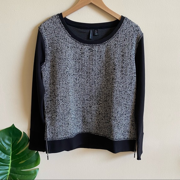 CYNTHIA ROWLEY Tweed Herringbone Sweater Black S